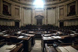 Empty institutional chamber suggesting political paralysis and erosion of public judgment.