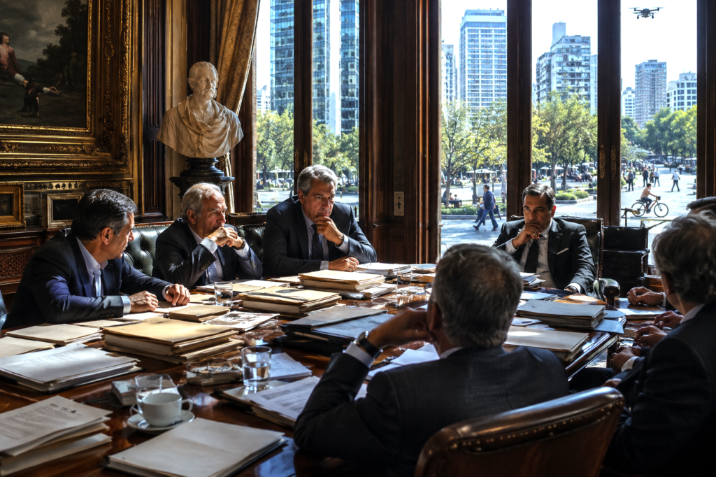 Political officials in an old meeting room while a modern technological city advances outside.