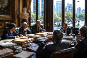Political officials in an old meeting room while a modern technological city advances outside.