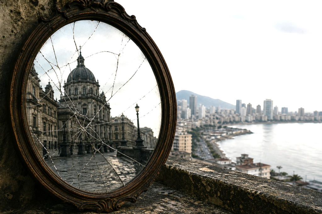 Cracked mirror reflecting an old European city and a distant Latin American skyline.