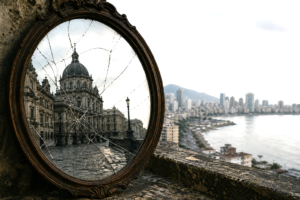 Cracked mirror reflecting an old European city and a distant Latin American skyline.