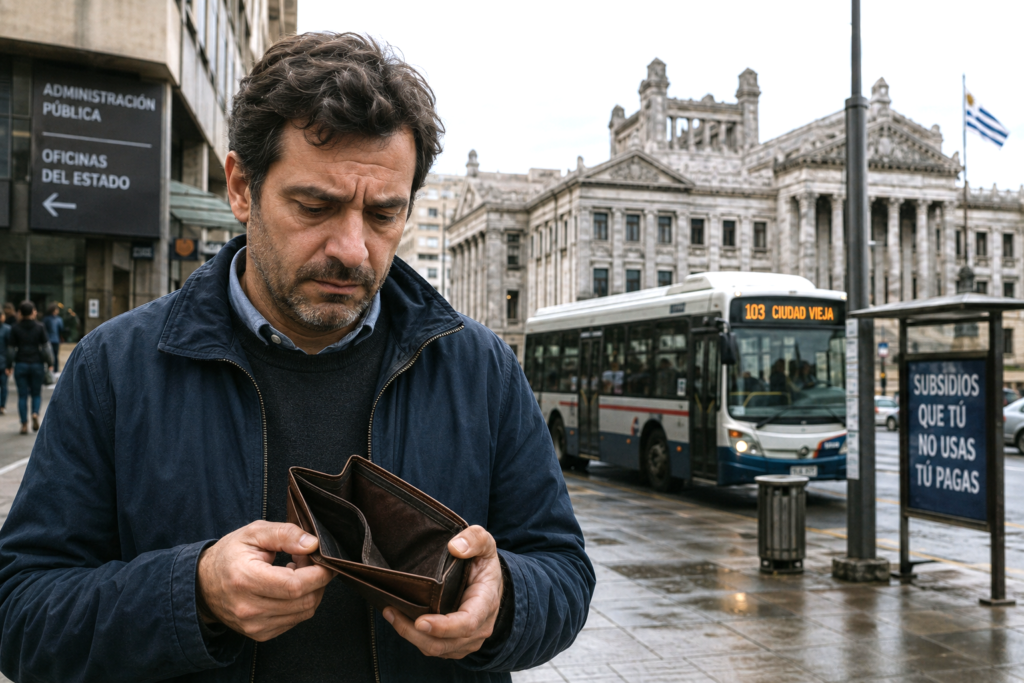 Uruguayan citizen holding an almost empty wallet in an urban public setting.