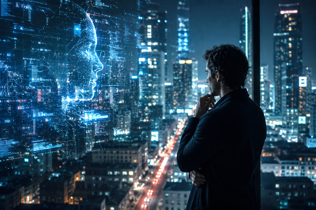 Human consciousness facing artificial intelligence in a modern digital city