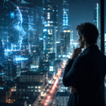 Human consciousness facing artificial intelligence in a modern digital city