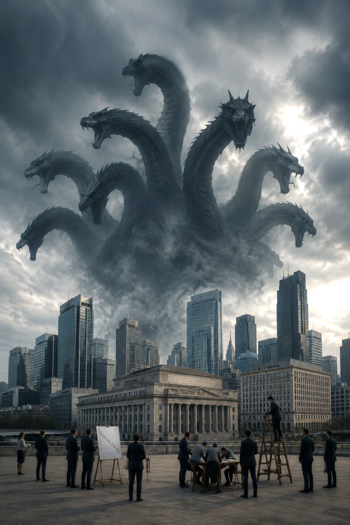 Mythological Hydra with multiple regenerating heads rising over a modern city, symbolizing problems that escalate when confronted