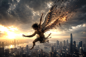 Mythological figure of Icarus falling over a modern city as his wings burn, symbolizing overconfidence and systemic miscalculation