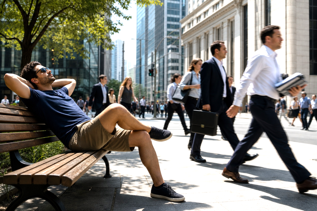 man resting while others work in urban contrast scene