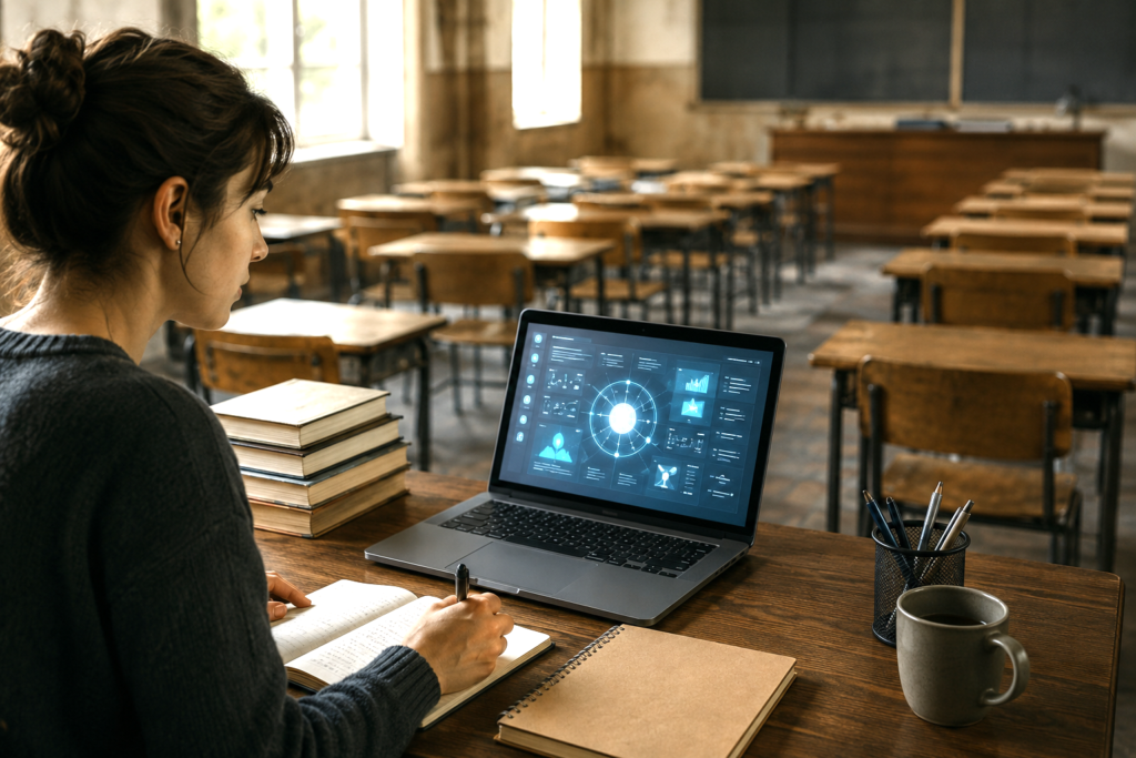 A modern learner using AI-based education tools with an old empty classroom in the background.