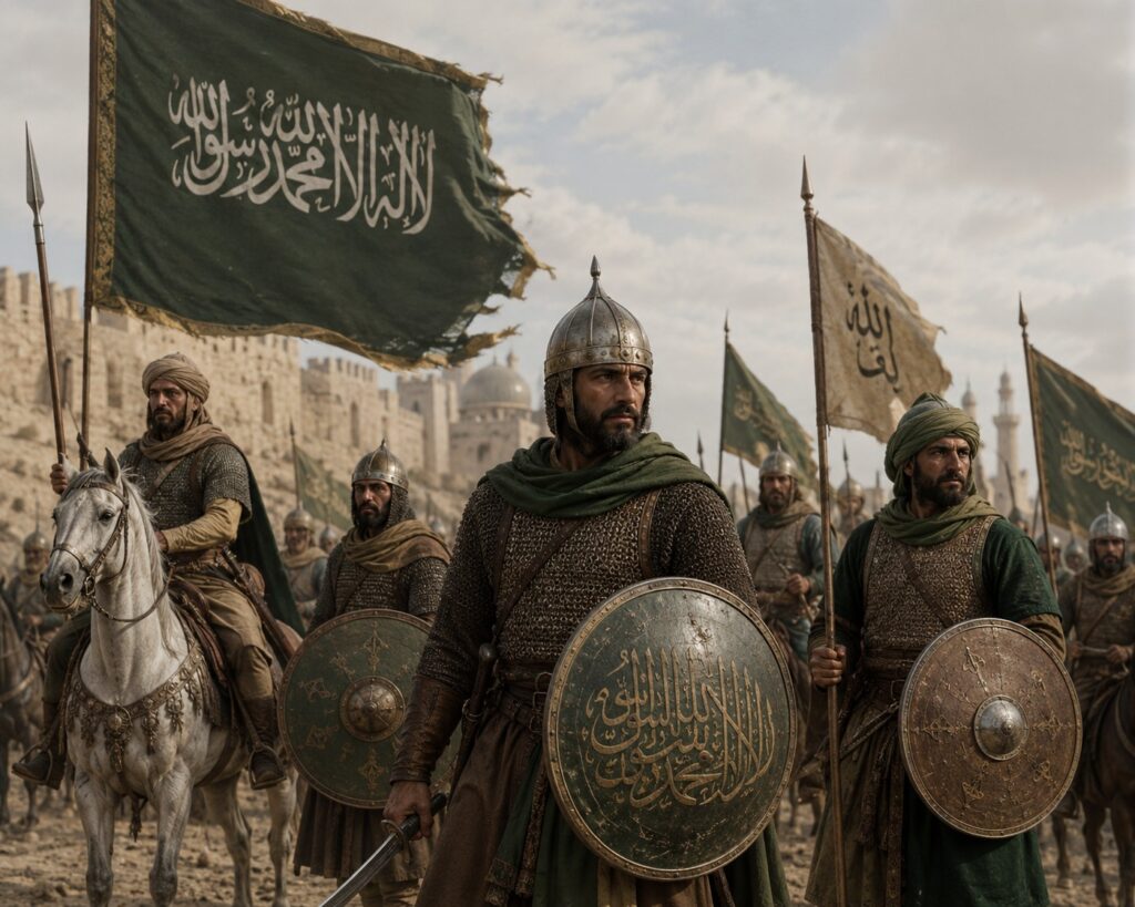 Medieval Islamic warriors carrying banners and shields before a fortified city
