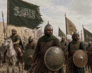 Medieval Islamic warriors carrying banners and shields before a fortified city
