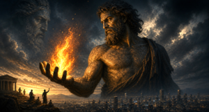 Mythological figure of Prometeo holding a flame above a modern city, symbolizing knowledge as a transformative and uncontrollable force
