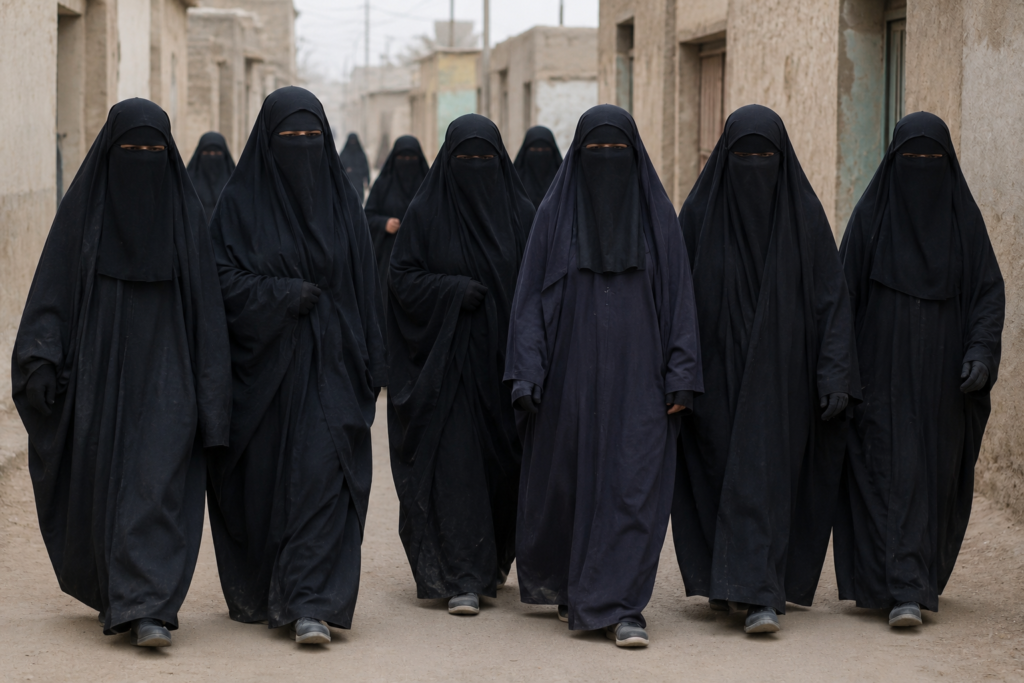 Women in black niqabs walking through a dusty street.
