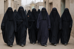 Women in black niqabs walking through a dusty street.