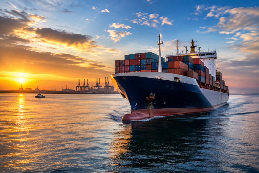 Modern container ship navigating the Río de la Plata with advanced electronic navigation systems at sunset