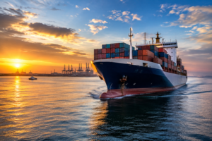 Modern container ship navigating the Río de la Plata with advanced electronic navigation systems at sunset