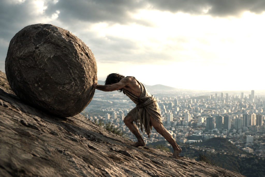 Sisyphus-like figure pushing a massive stone uphill above a modern city, symbolizing endless effort without progress