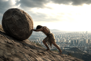 Sisyphus-like figure pushing a massive stone uphill above a modern city, symbolizing endless effort without progress