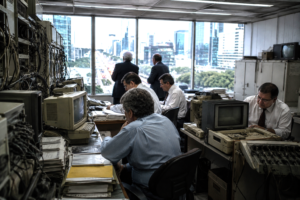 Public officials in an outdated technology room while a modern digital city moves outside.