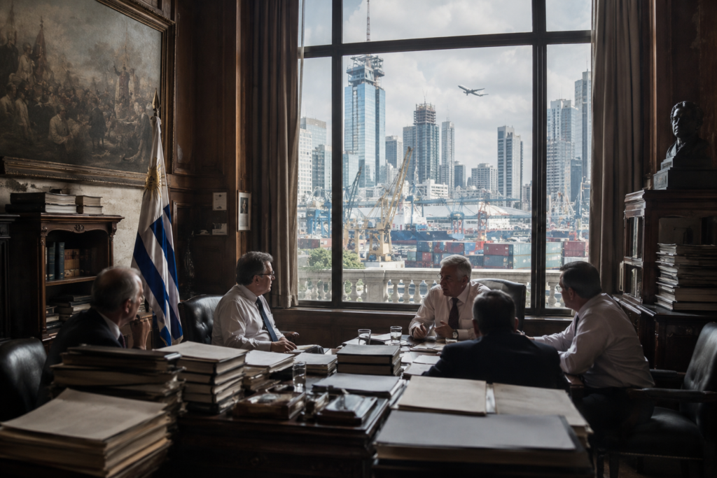 Old government office facing a modern city shaped by economic and technological change.