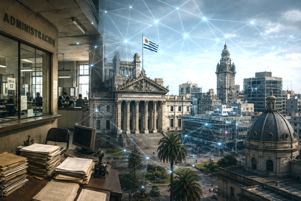Montevideo public buildings under a subtle digital network symbolizing the rise of agentic intelligence and institutional change.