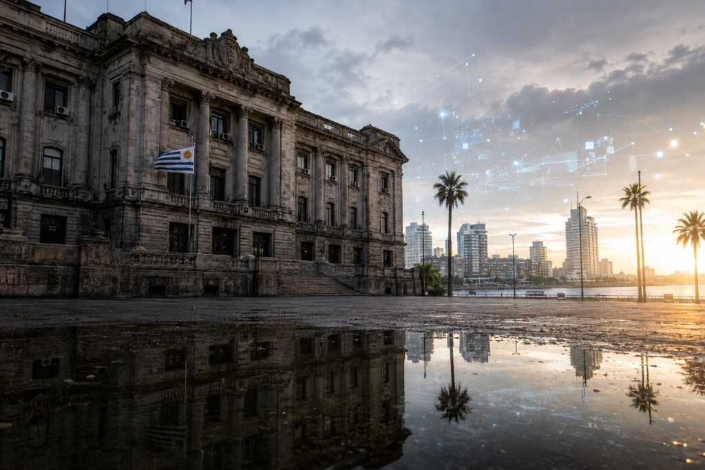 Old public building reflected in dark water as a symbol of bureaucratic stagnation in Uruguay.