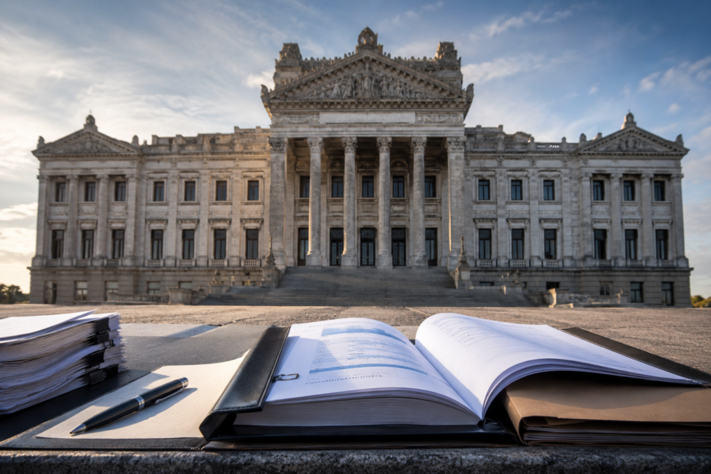 Uruguay Legislative Palace with official documents representing constitutional oversight of public spending.