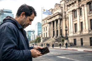 Uruguayan citizen looking at an almost empty wallet in front of an imposing state building.