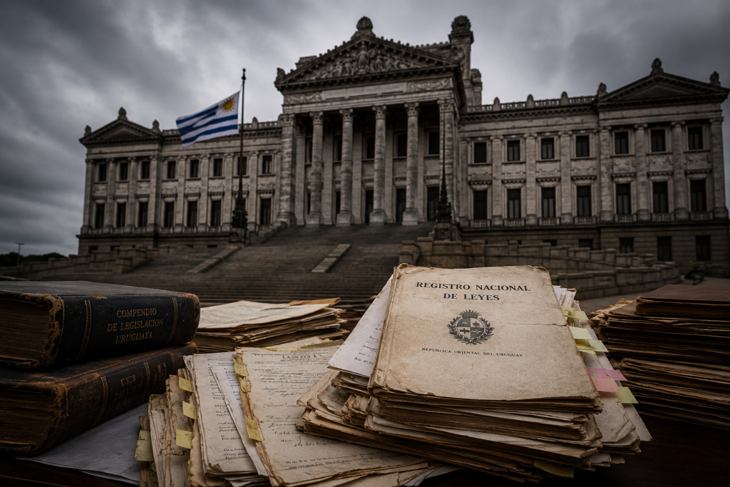 Uruguayan Legislative Palace with abandoned legal papers symbolizing institutional decay.