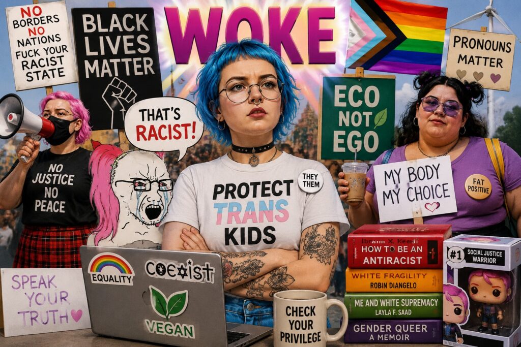 Woke activist scene with identity politics signs and protest symbols