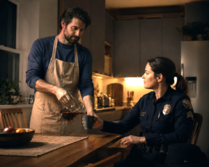 Female police officer seated at a kitchen table while a man in an apron serves her a drink in a quiet domestic scene.