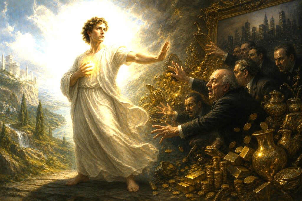 Symbolic editorial image of a luminous human figure resisting dark forces of money, power and technological ambition.