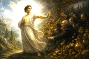 Symbolic editorial image of a luminous human figure resisting dark forces of money, power and technological ambition.