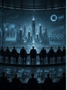 Executives in a digital control room overlooking a city shaped by artificial intelligence and data power.