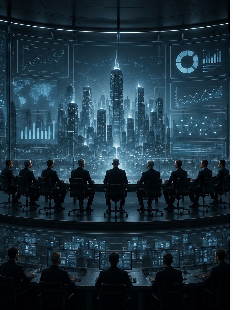 Executives in a digital control room overlooking a city shaped by artificial intelligence and data power.