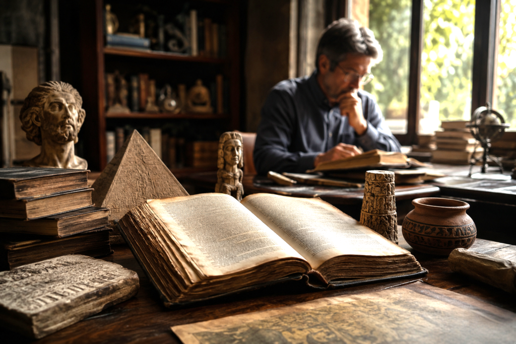 Ancient open book studied as a symbolic archive of human experience and civilization.