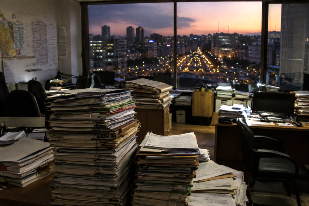 Government finance office at dusk symbolizing public debt and fiscal pressure.