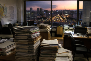 Government finance office at dusk symbolizing public debt and fiscal pressure.