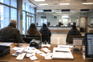 Citizens waiting outside an empty public office with unattended service counters, symbolizing bureaucratic paralysis and loss of real freedom.