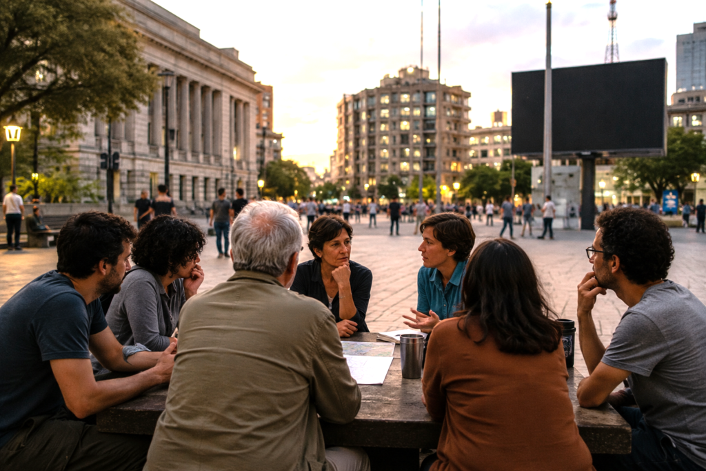 Citizens gathered in an urban square as a symbol of civic moderation and resistance to political extremism.