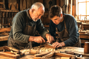 Experienced craftsman teaching a young apprentice through hands-on practice in a traditional workshop.