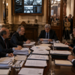 Government officials around a table symbolizing extractive institutions and political control.