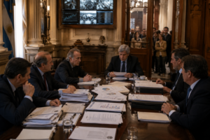 Government officials around a table symbolizing extractive institutions and political control.