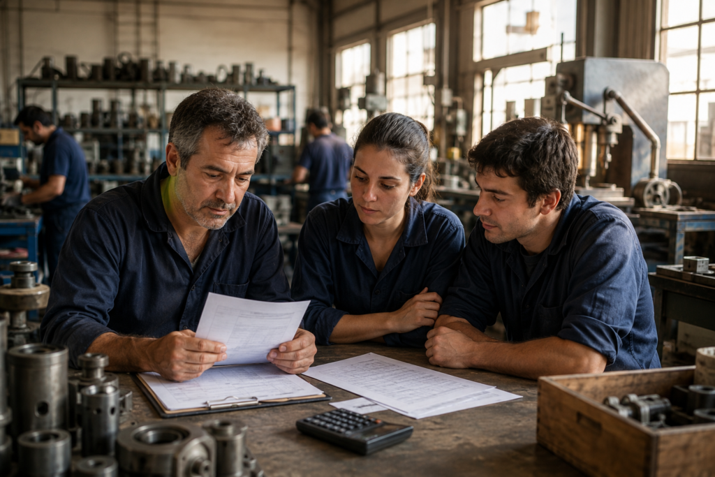 Business owner reviewing payroll with employees inside a productive manufacturing workshop.