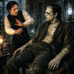 Frankenstein creator facing his creature in a dark laboratory, symbolizing artificial intelligence and moral responsibility.