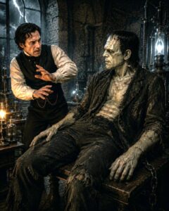 Frankenstein creator facing his creature in a dark laboratory, symbolizing artificial intelligence and moral responsibility.