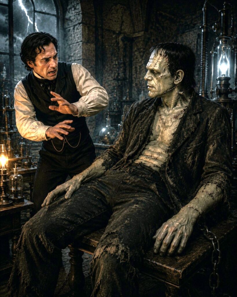 Frankenstein creator facing his creature in a dark laboratory, symbolizing artificial intelligence and moral responsibility.