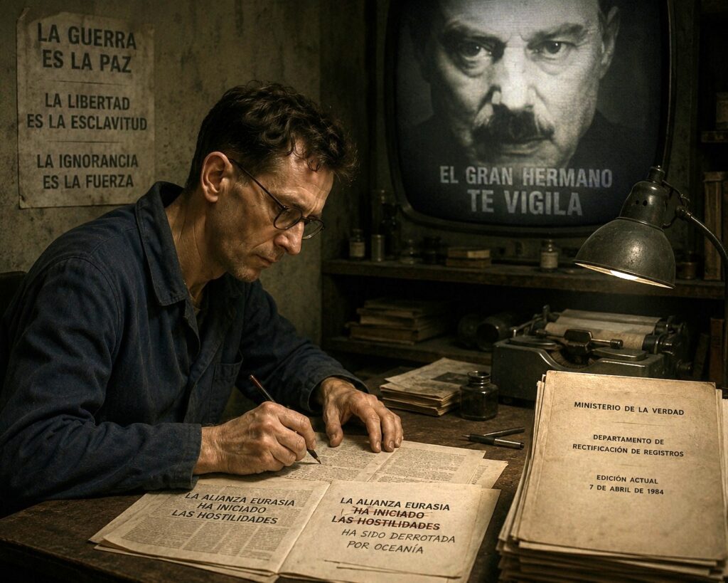 Man rewriting historical documents in a dark bureaucratic office inspired by Orwellian political control.