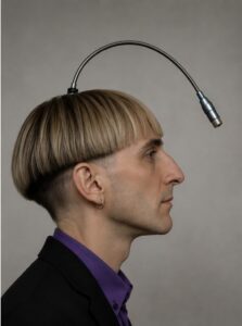 Profile portrait of a human figure with a technological antenna attached to the head, symbolizing cyborg identity and human-machine fusion.