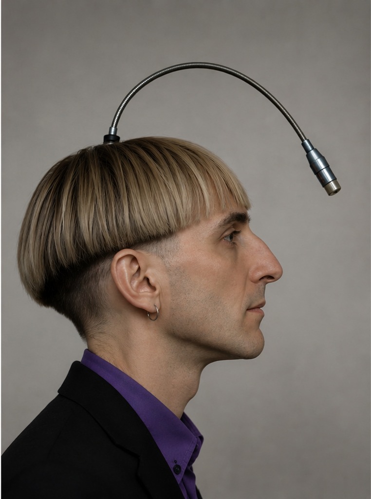 Profile portrait of a human figure with a technological antenna attached to the head, symbolizing cyborg identity and human-machine fusion.