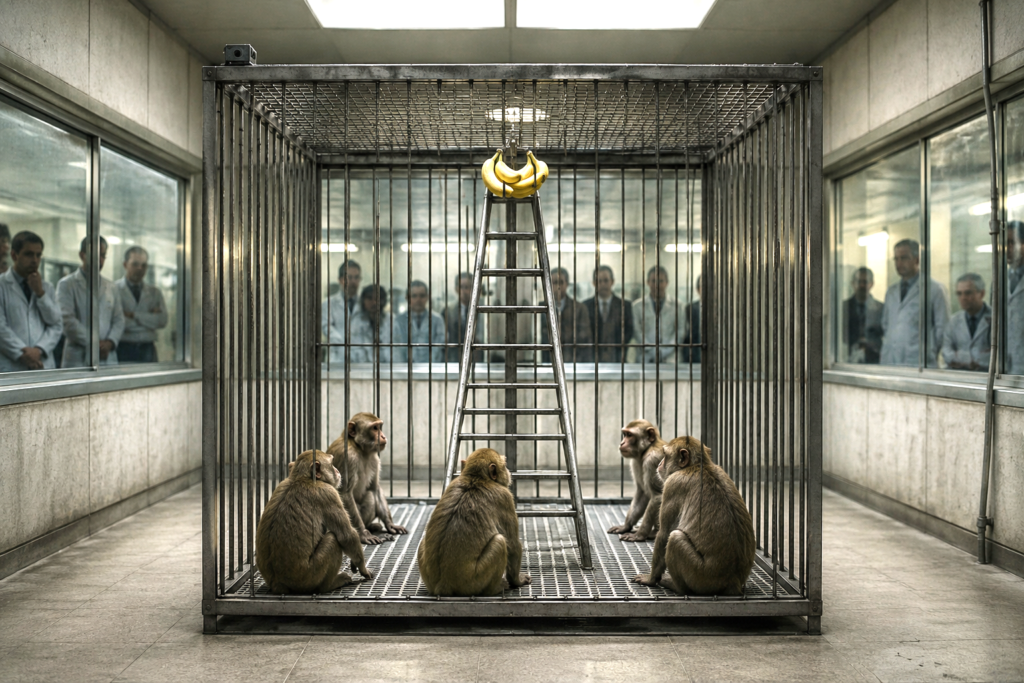 Symbolic cage with ladder and untouched bananas representing learned obedience and social conditioning.